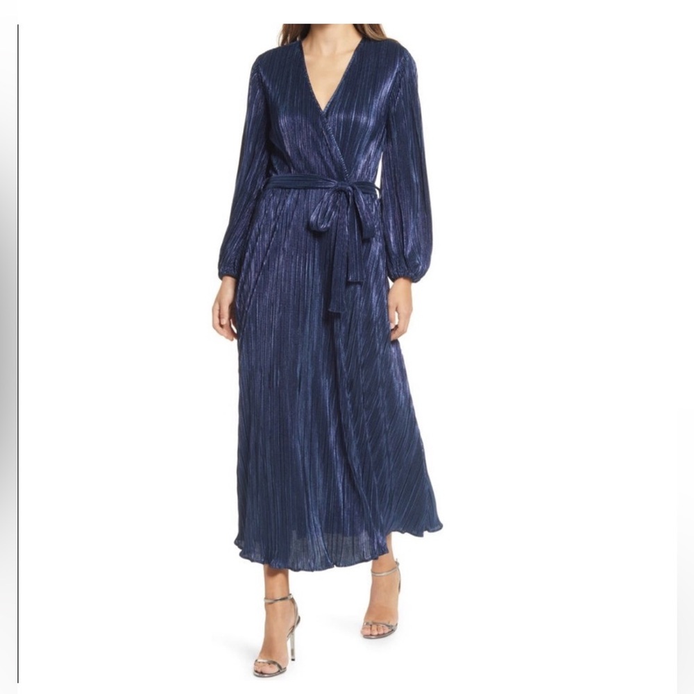 Bardot Pleated Blue Metallic Maxi Long Sleeves Belt V Neck front split Dress 12